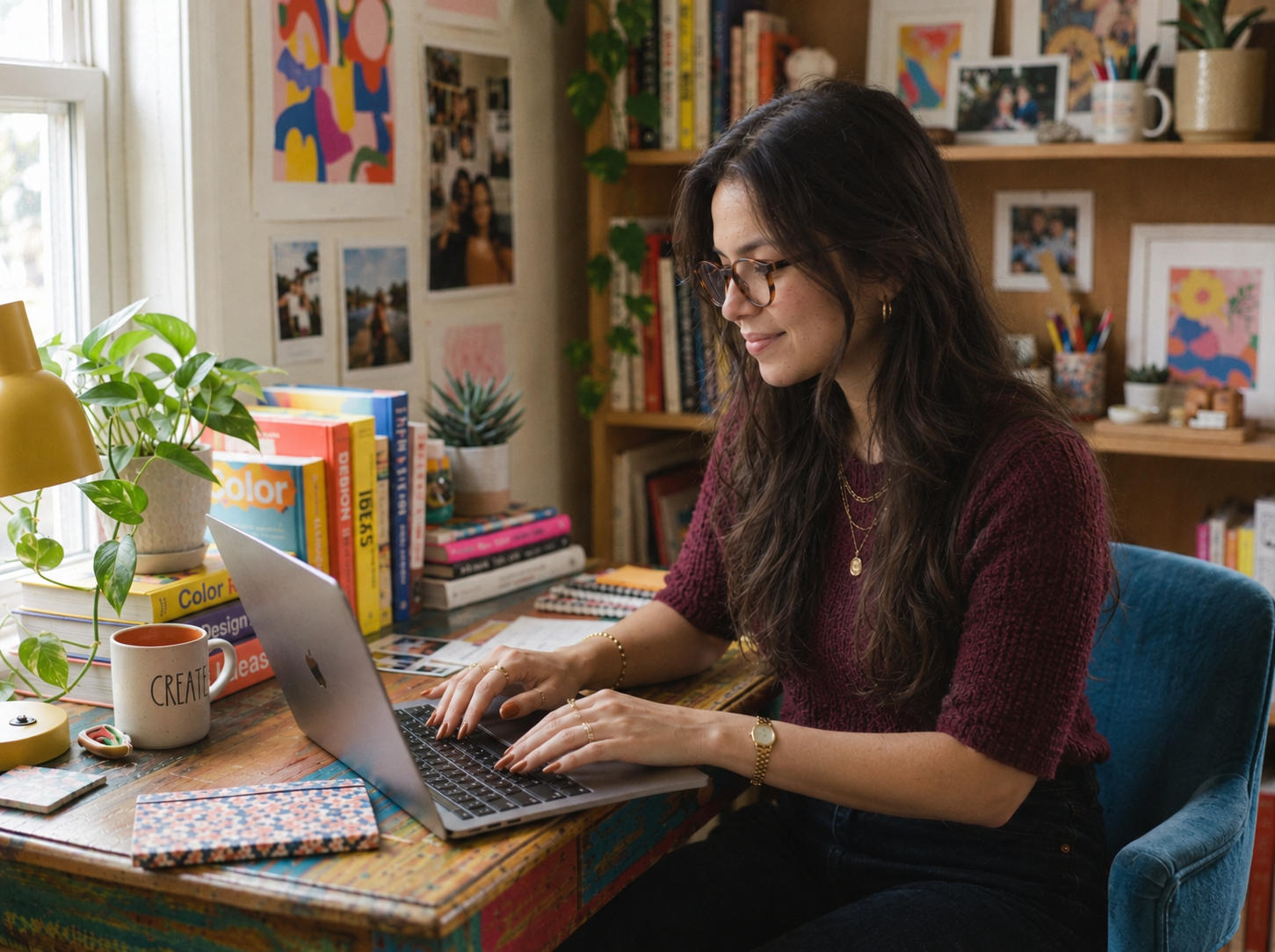 Woman developing SEO strategy for small businesses on a laptop at a colorful home workspace